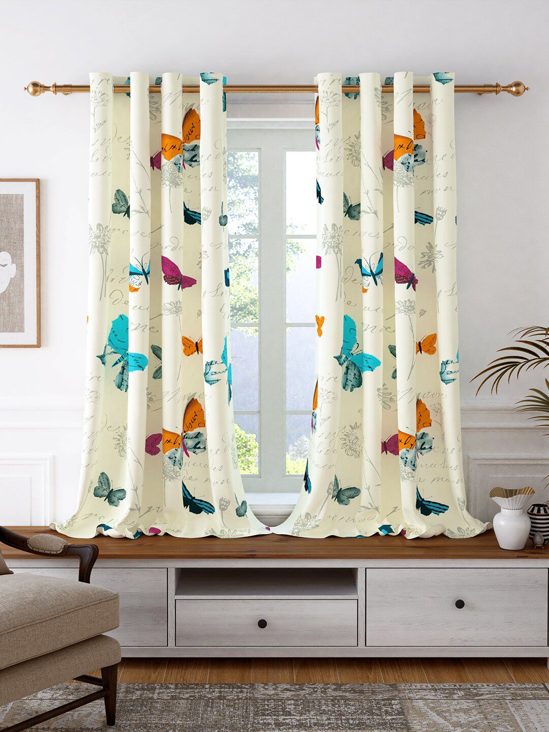 Story@home White & Blue Set of 2 Floral Room Darkening Window Curtain Price in India