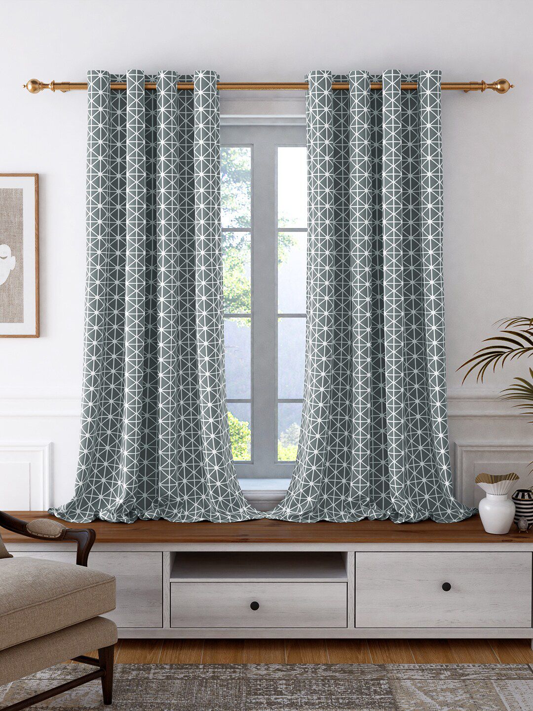 Story@home Grey & Off White Set of 2 Room Darkening Window Curtain Price in India