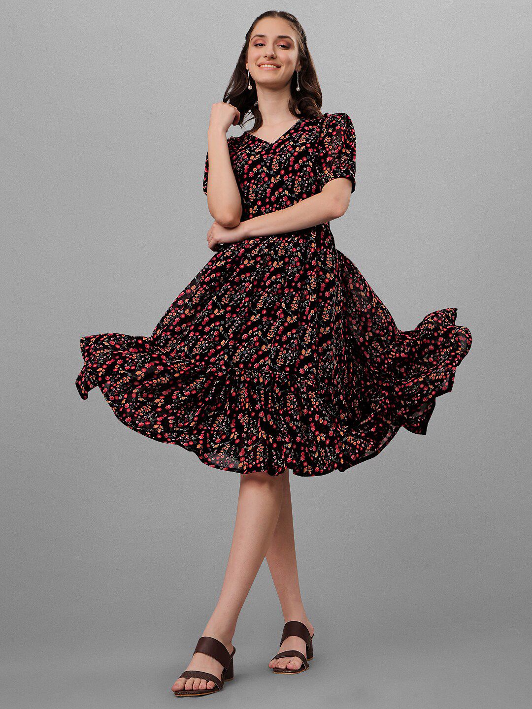 GUFRINA Women Black & Red Floral Fit And Flare Dress Price in India