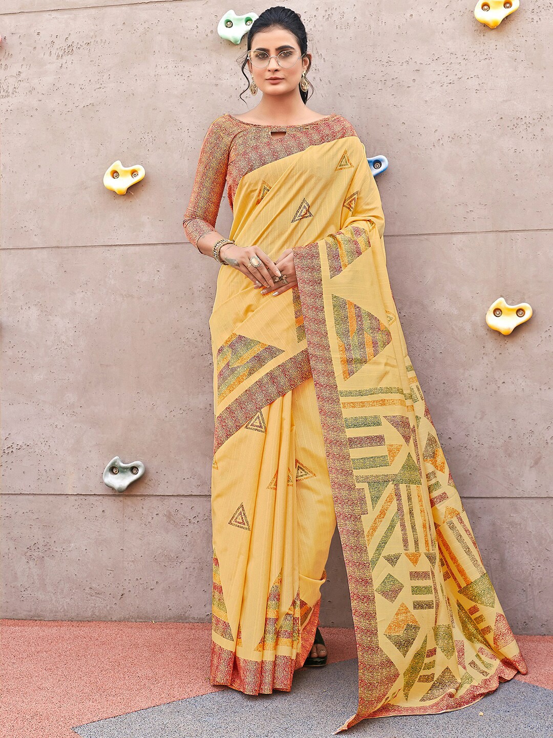 Mitera Yellow & Green Art Silk Ikat Saree Price in India