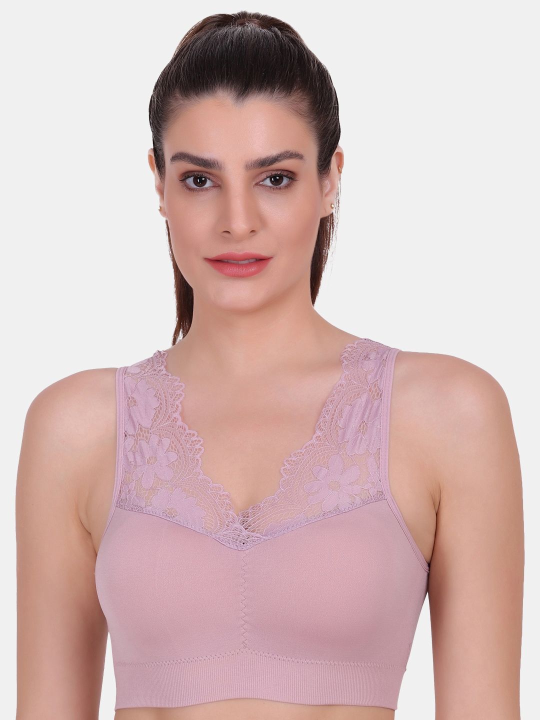 Amour Secret Women Pink Padded Seamless Lace Dry Fit Sports Bra Price in India