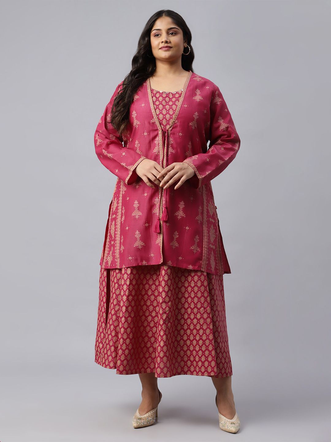 W Pink Ethnic Motifs Satin Ethnic A-Line Maxi Dress Price in India