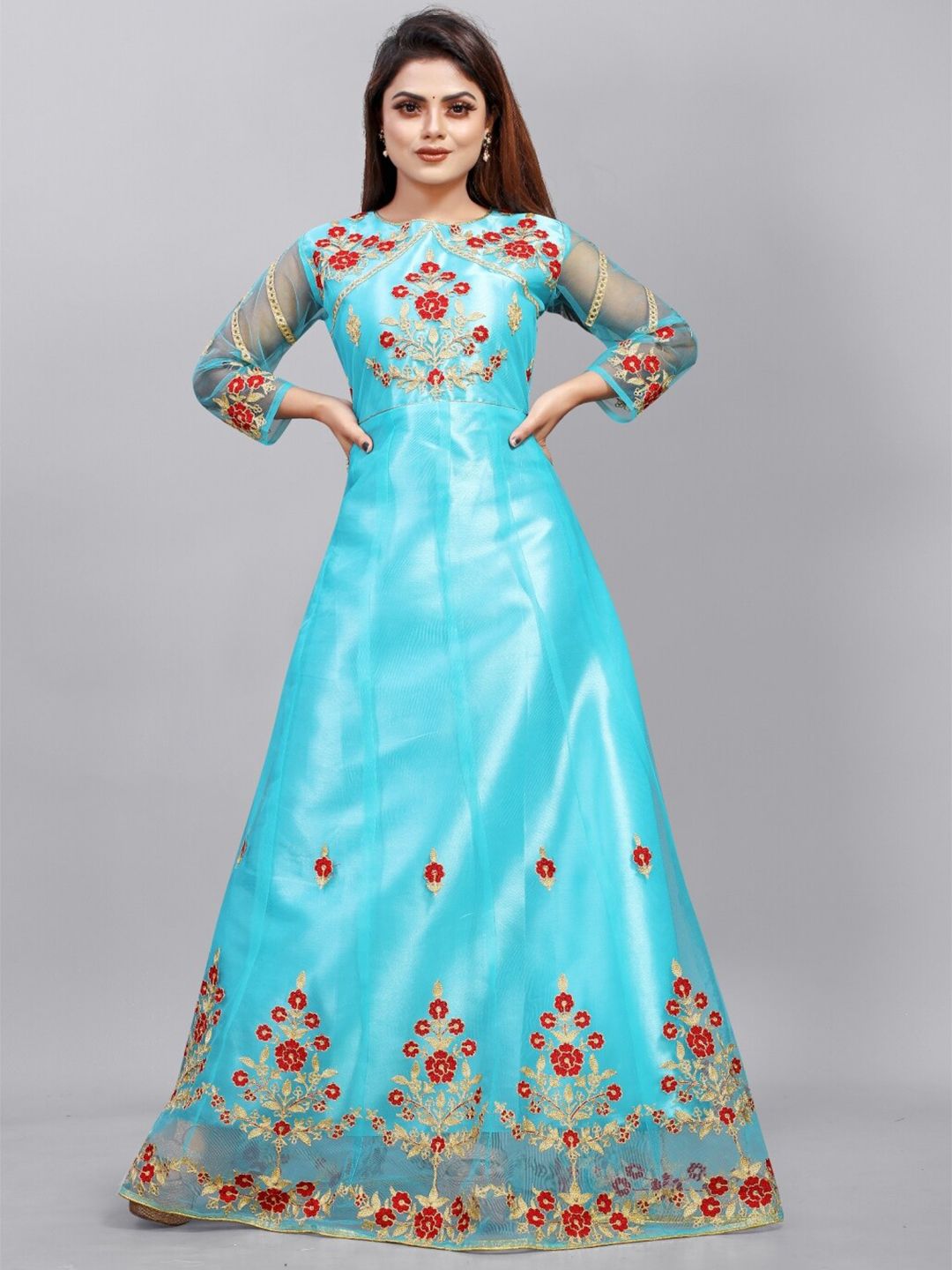 APNISHA Teal Embellished Net Ethnic Maxi Dress Price in India