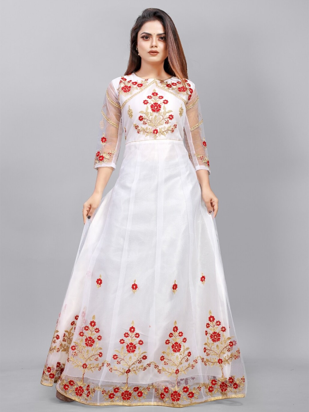 APNISHA White & Gold-Toned Floral Net Ethnic Maxi Dress Price in India
