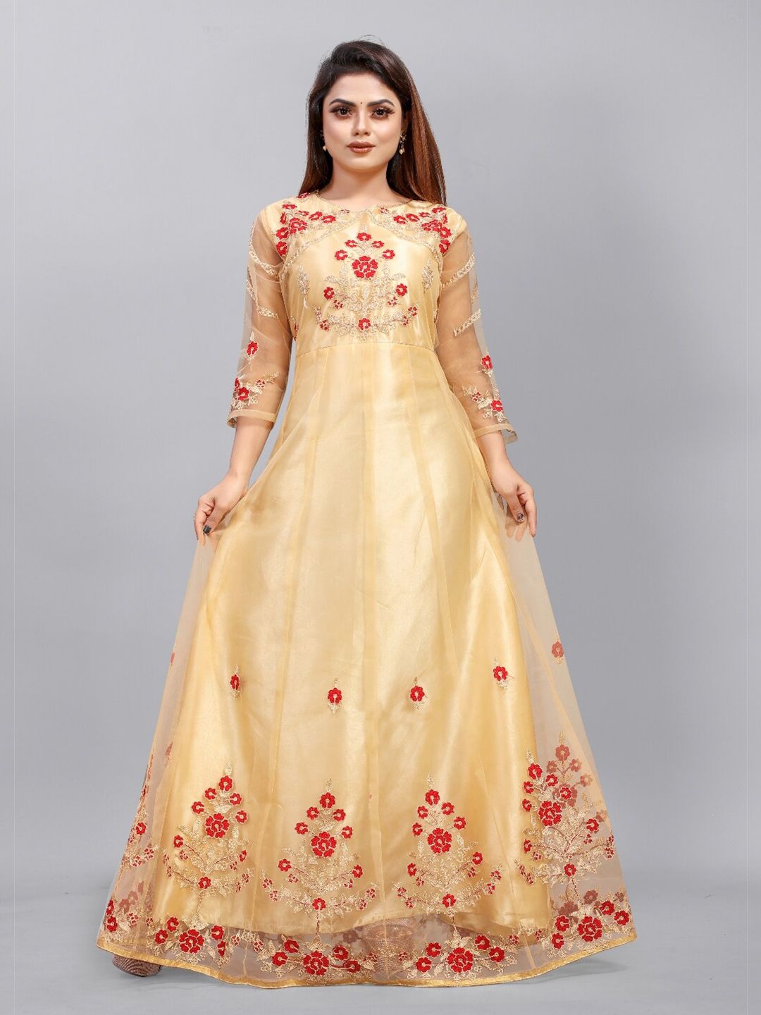 APNISHA Beige & Gold-Toned Floral Net Ethnic Maxi Dress Price in India