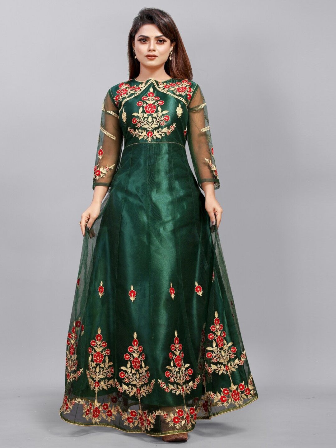 APNISHA Green & Gold-Toned Floral Net Ethnic Maxi Dress Price in India