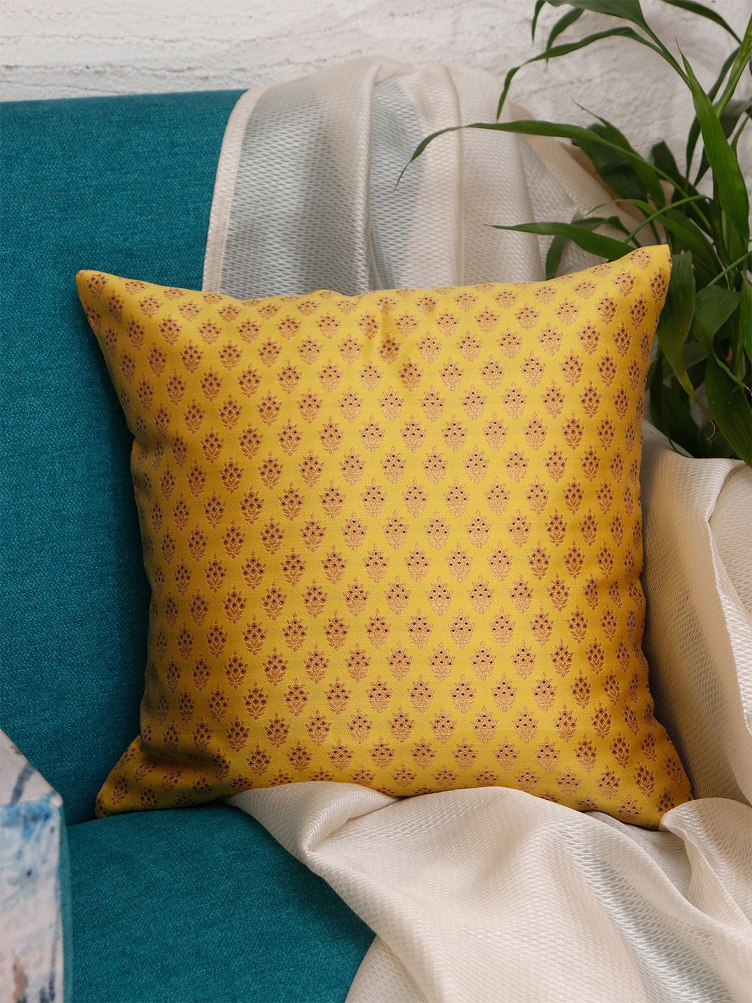 ZEBA Yellow & Red Floral Square Cushion Cover Price in India