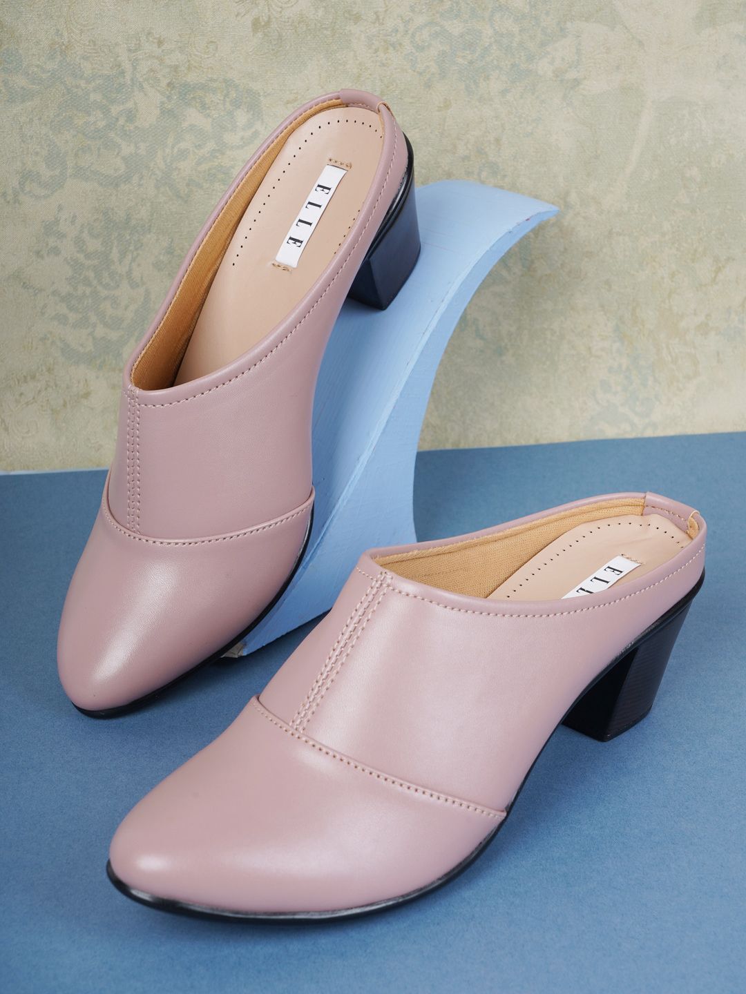 ELLE Women Peach-Coloured Solid Block Mules