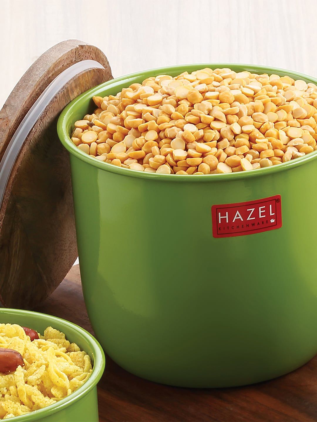 HAZEL Set Of 6 Green Solid Storage Containers With Wooden Lid Price in India