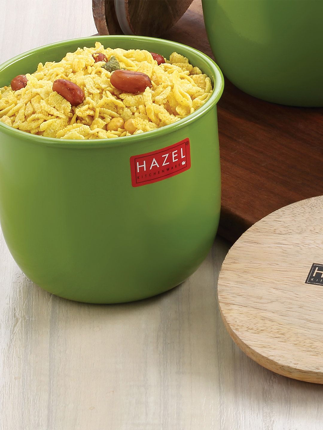 HAZEL Set Of 2 Green Solid  Canister With Wooden Lid Price in India