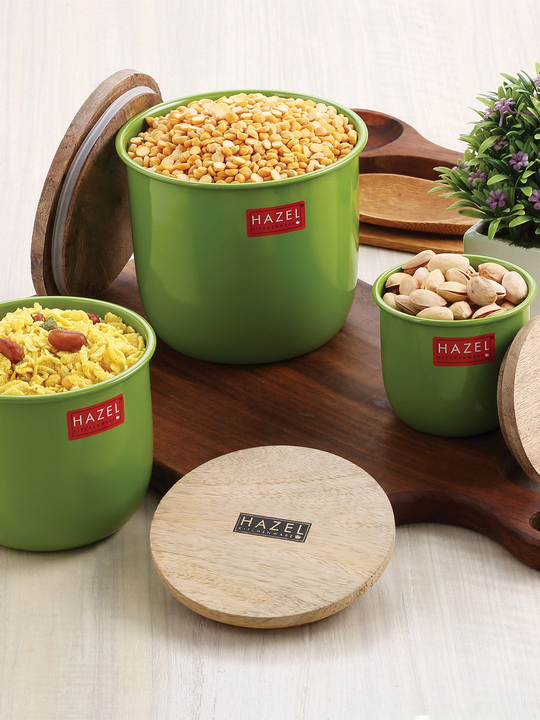 HAZEL Set Of 3 Green Solid Food Containers With Wooden Lid Price in India