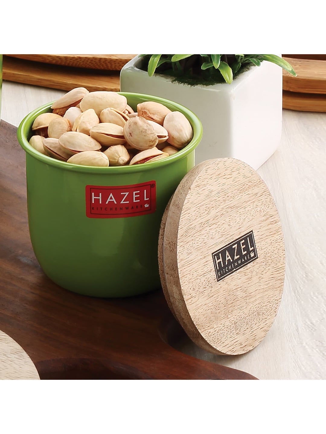 HAZEL Set Of 4 Green Solid Storage Jar With Wooden Lid Price in India