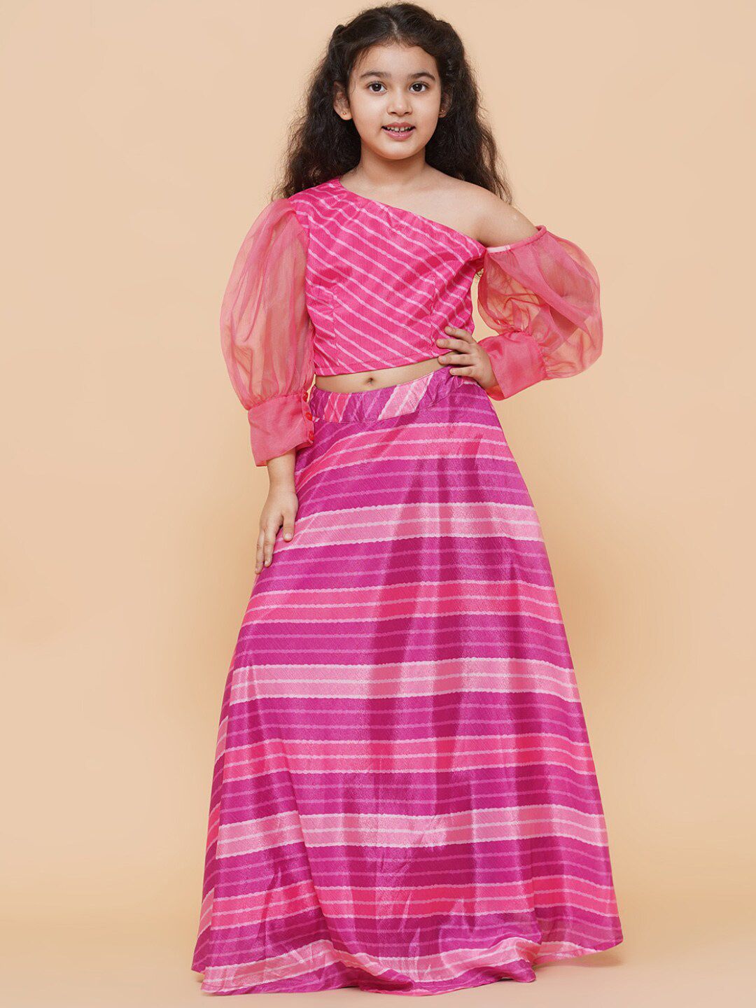 titliyan Girls Pink & Purple Leheriya One Shoulder Choli With Lehenga Price in India