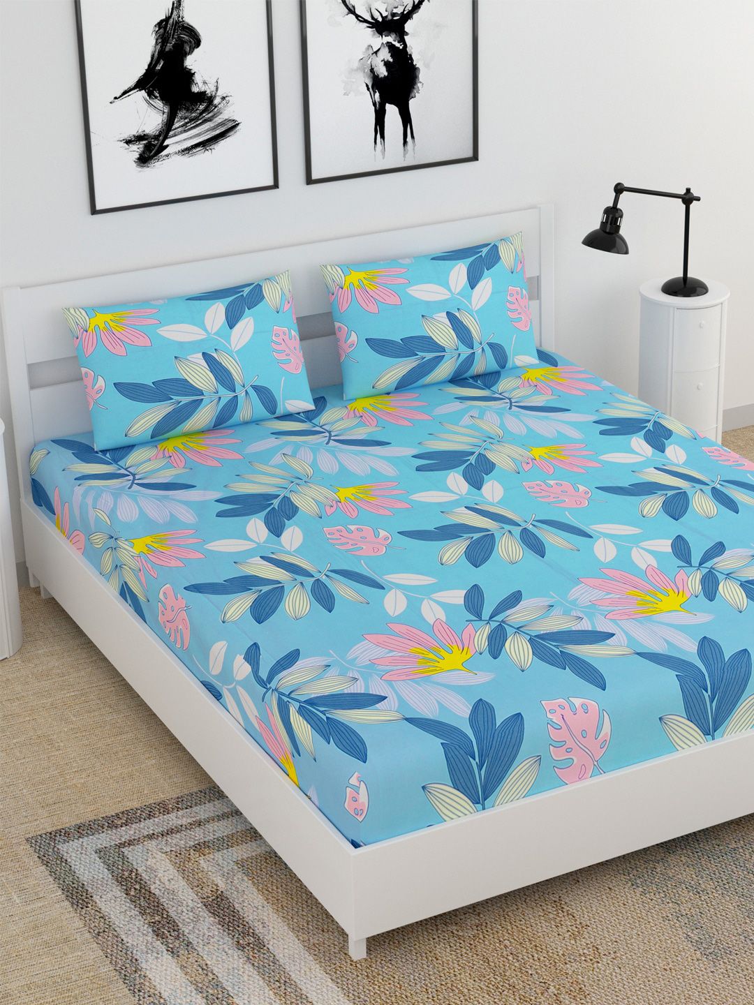 BELLA CASA Blue & Pink Floral 210 TC King Bedsheet with 2 Pillow Covers Price in India