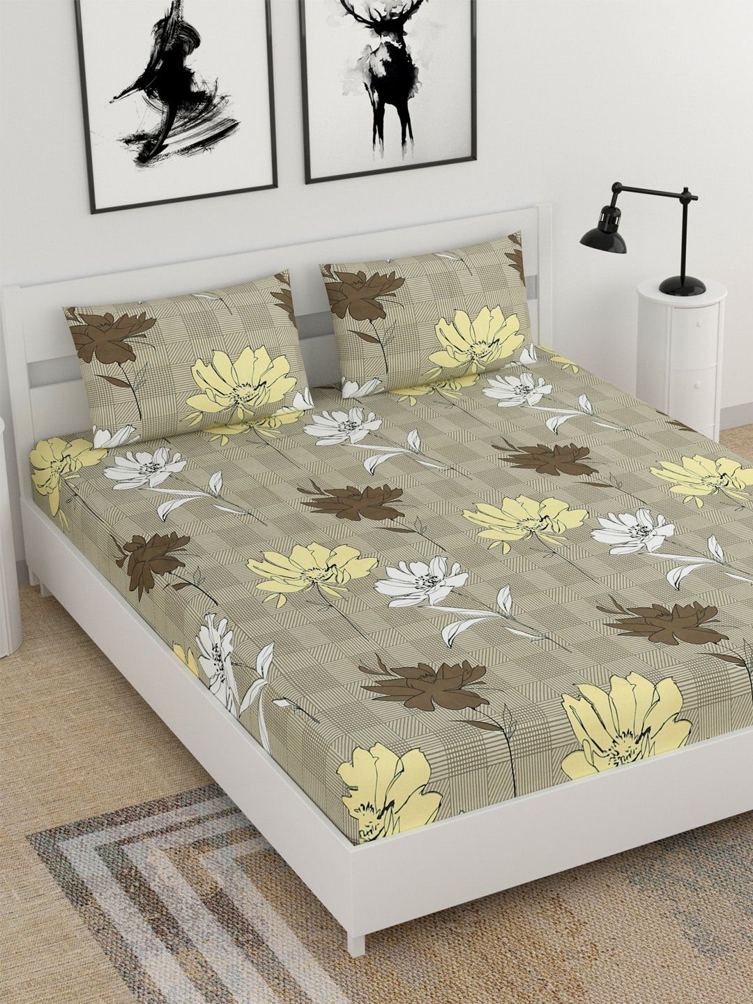 BELLA CASA Brown & Yellow Floral 210 TC King Bedsheet with 2 Pillow Covers Price in India