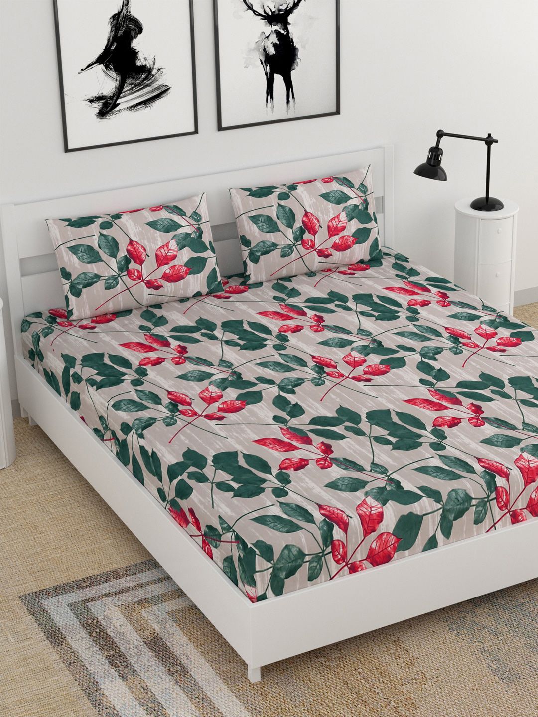 BELLA CASA Grey & Green Floral 210 TC King Bedsheet with 2 Pillow Covers Price in India