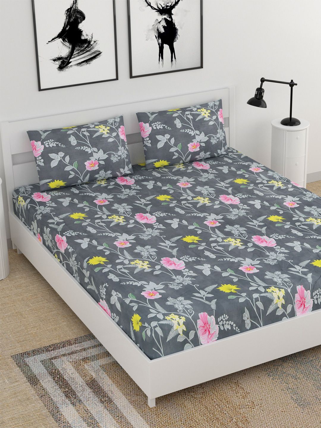 BELLA CASA Grey & Pink Floral 210 TC King Bedsheet with 2 Pillow Covers Price in India