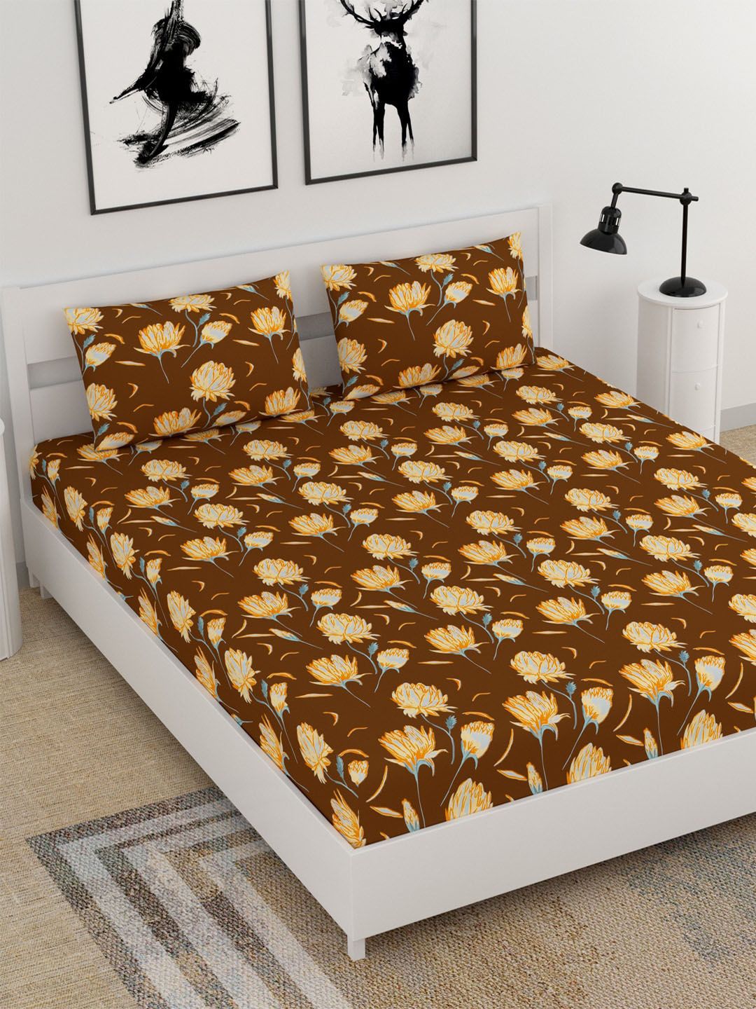 BELLA CASA Brown & Yellow Floral 210 TC King Bedsheet with 2 Pillow Covers Price in India