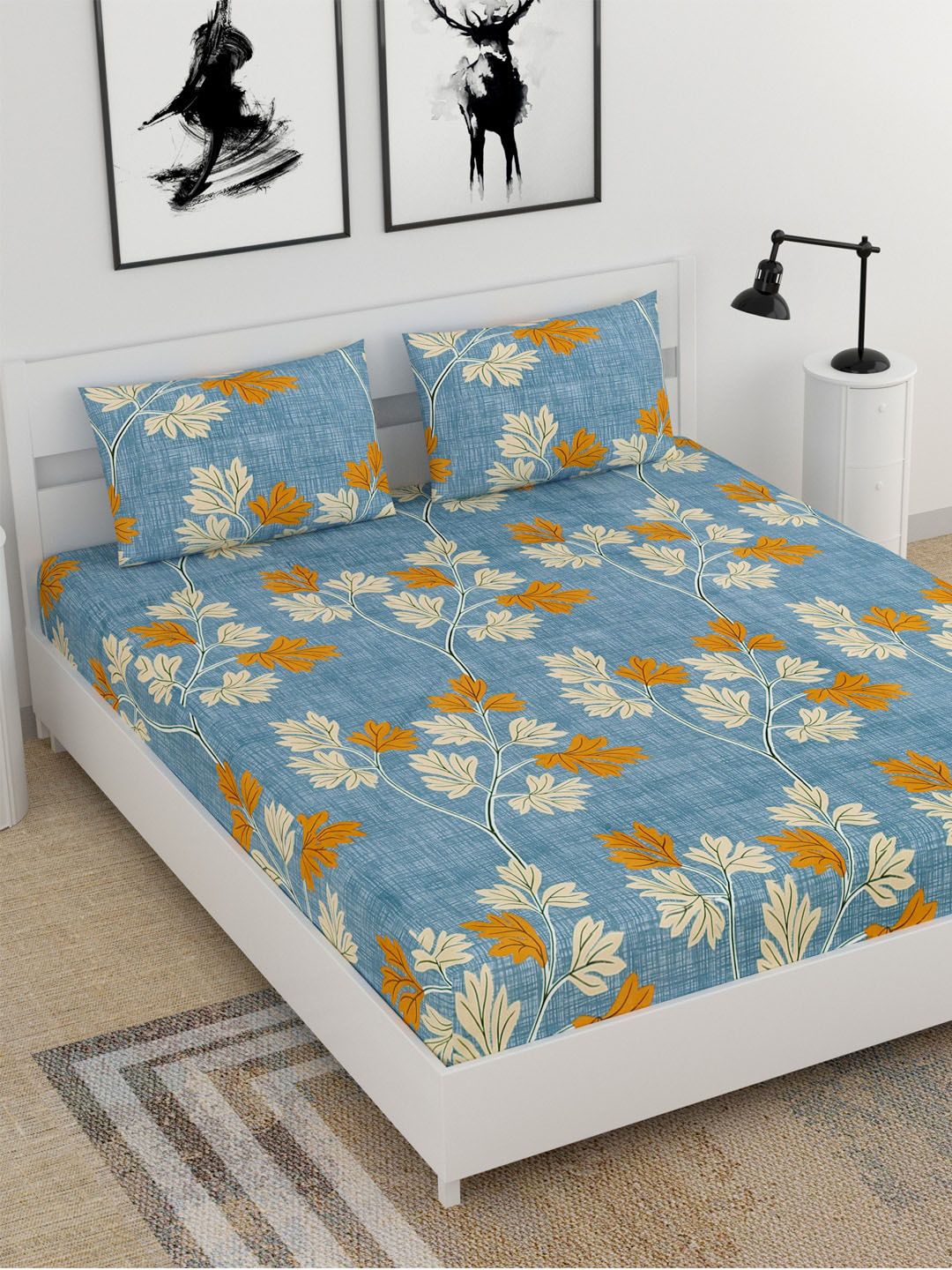 BELLA CASA Blue & Mustard Floral 210 TC King Bedsheet with 2 Pillow Covers Price in India