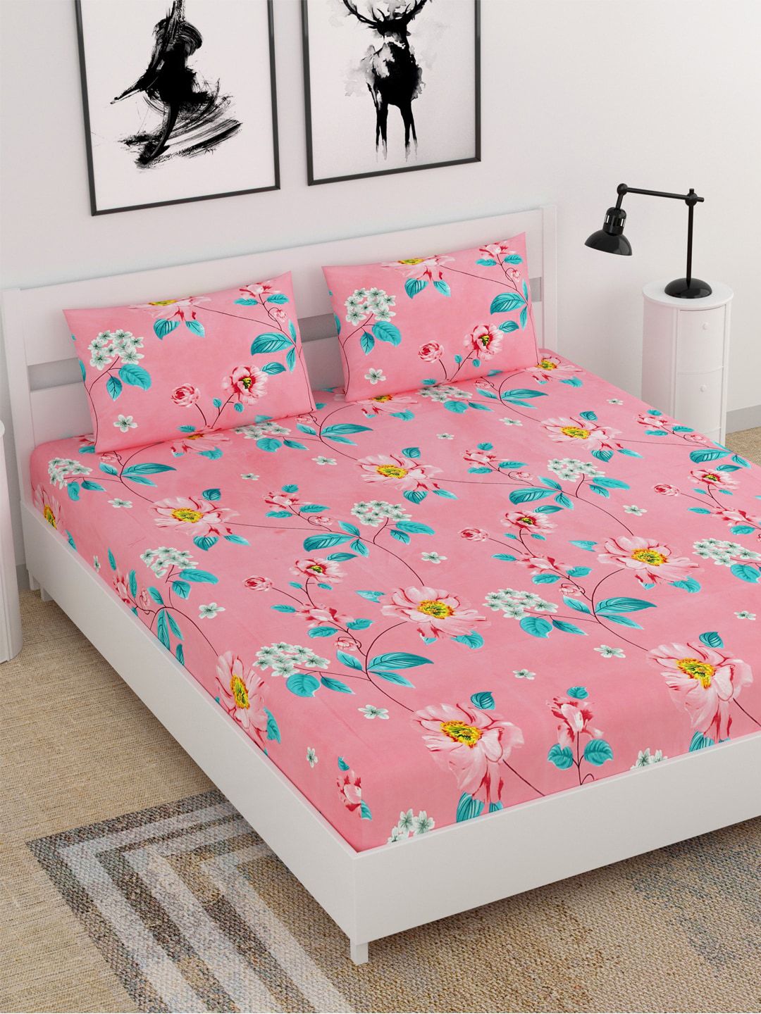 BELLA CASA Pink & Blue Floral 210 TC King Bedsheet with 2 Pillow Covers Price in India