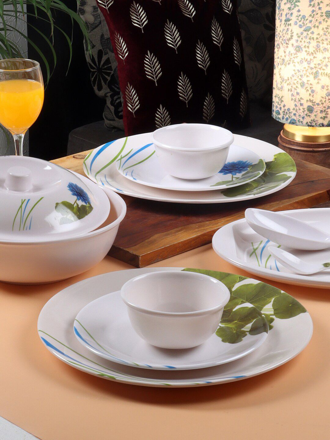 CDI White & Blue Pieces Printed Melamine Glossy Dinner Set Price in India