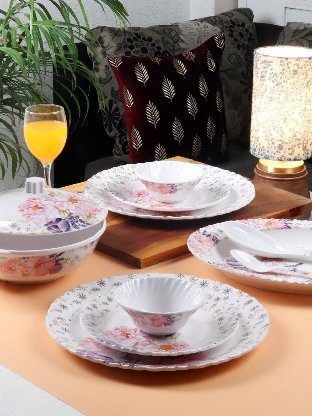 CDI Pack Of 34 White & Pink Floral Printed Melamine Glossy Dinner Set Price in India