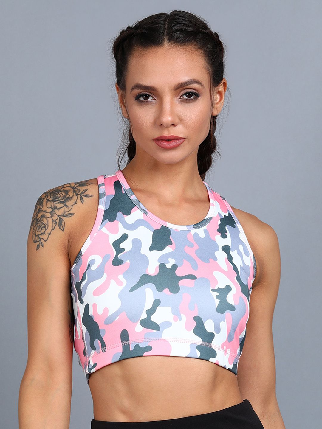 Rock Paper Scissors Women White & Blue Abstract Rapid Dry Sports Bra Price in India