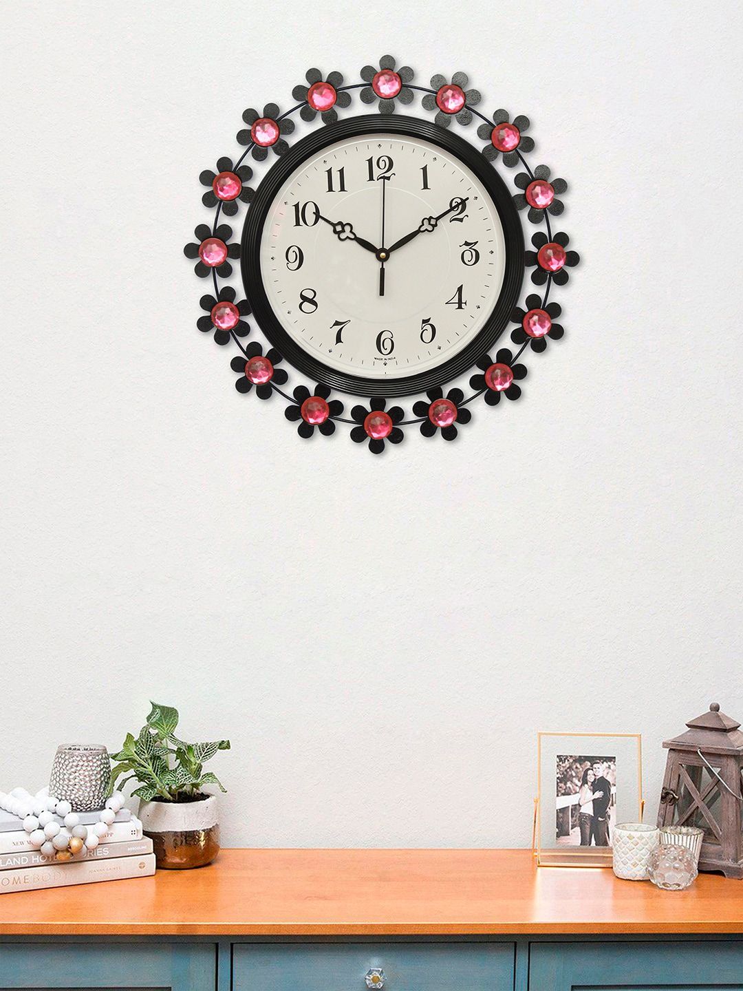 eCraftIndia Black & Pink Embellished Contemporary Wall Clock Price in India