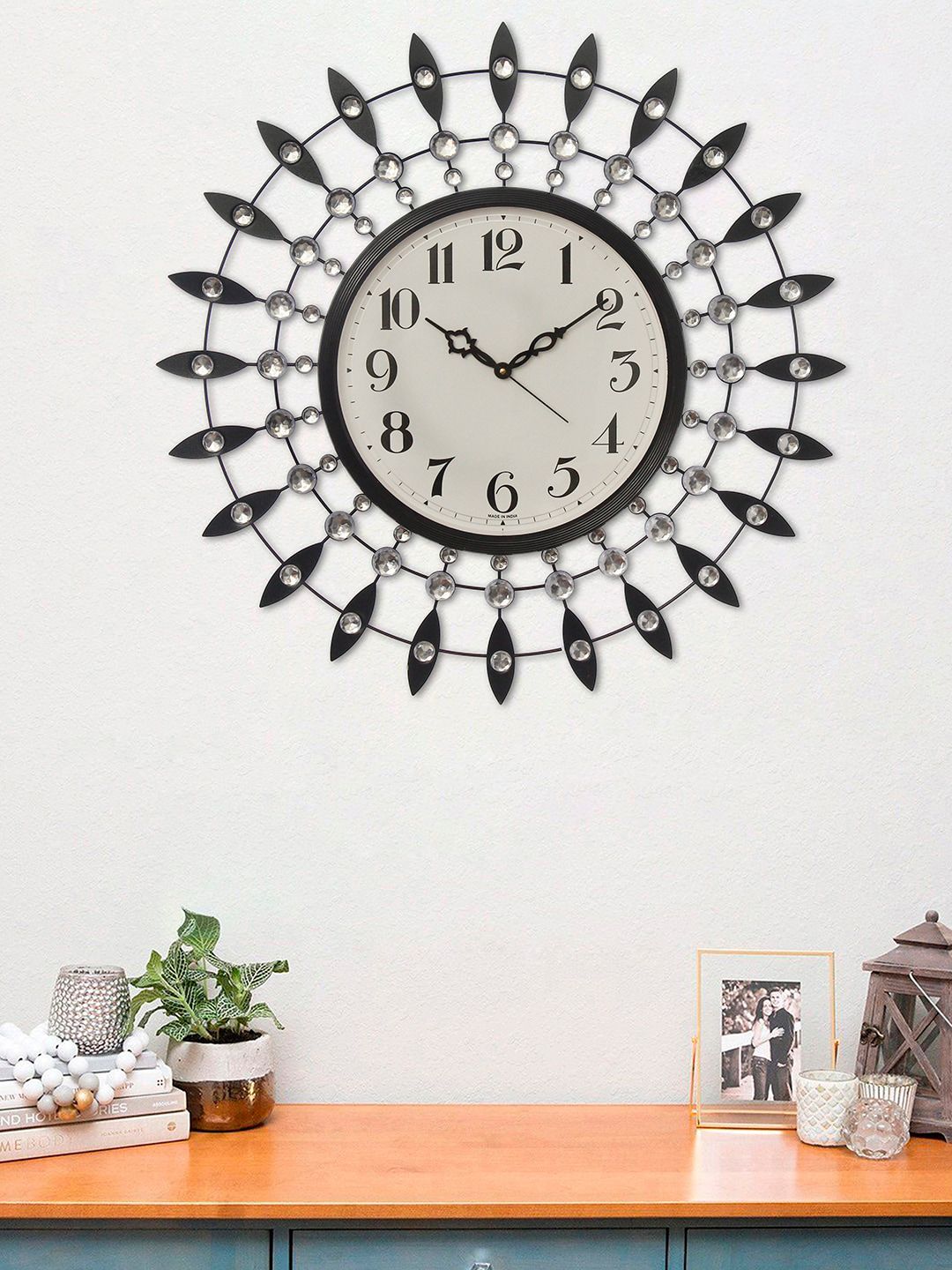 eCraftIndia Black & Silver-Toned Embellished Contemporary Wall Clock Price in India