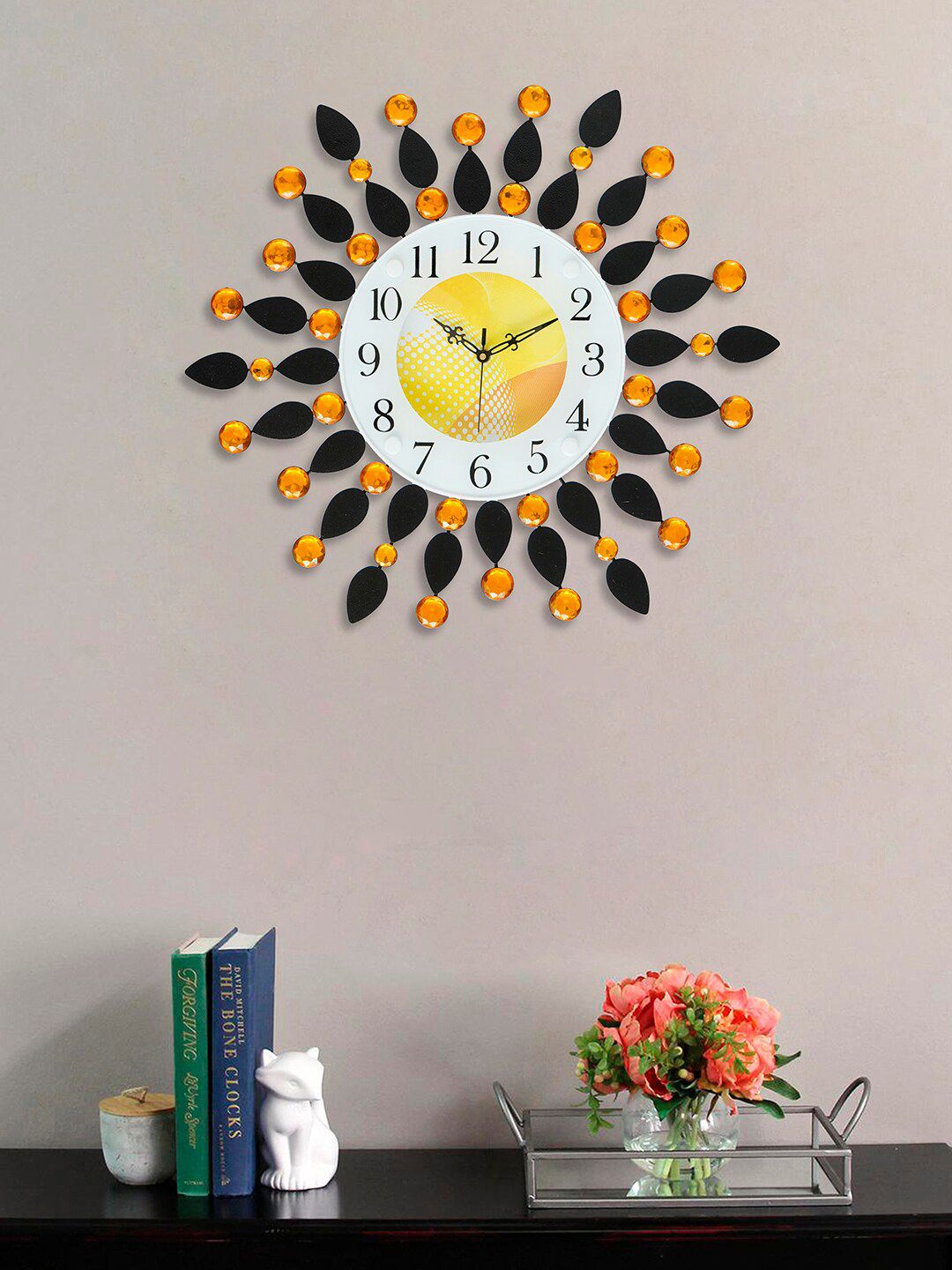 eCraftIndia Black & Yellow Embellished Floral Contemporary Wall Clock Price in India