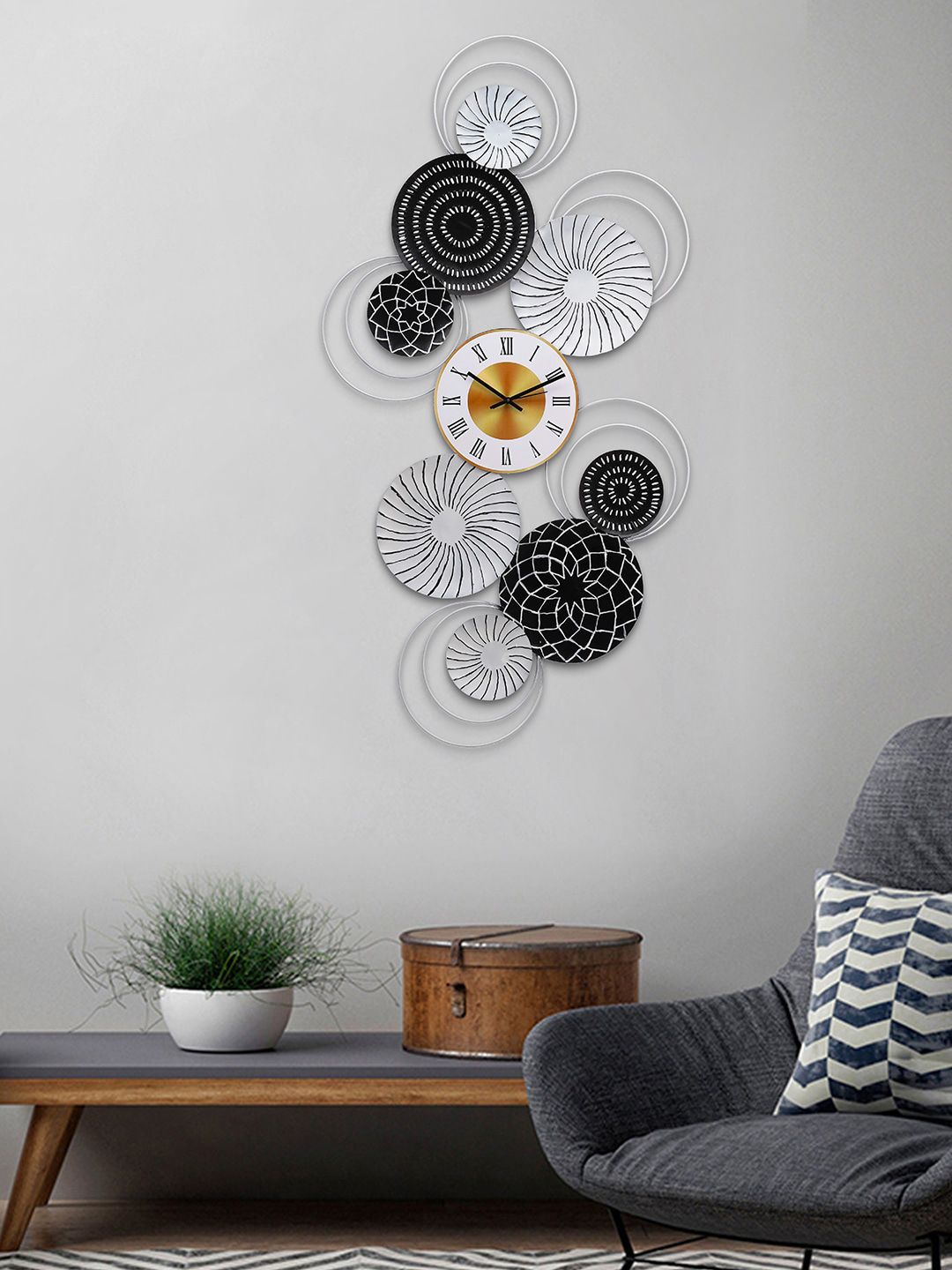 eCraftIndia Silver-Toned & Black Printed Contemporary Wall Clock Price in India