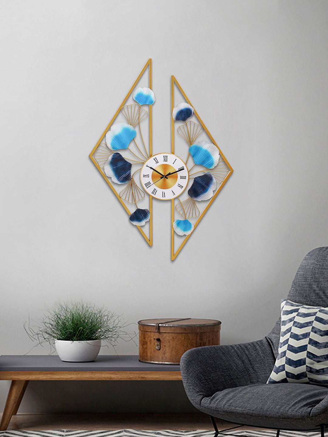 eCraftIndia Gold-Toned & Blue Textured Geometric Contemporary Wall Clock Price in India