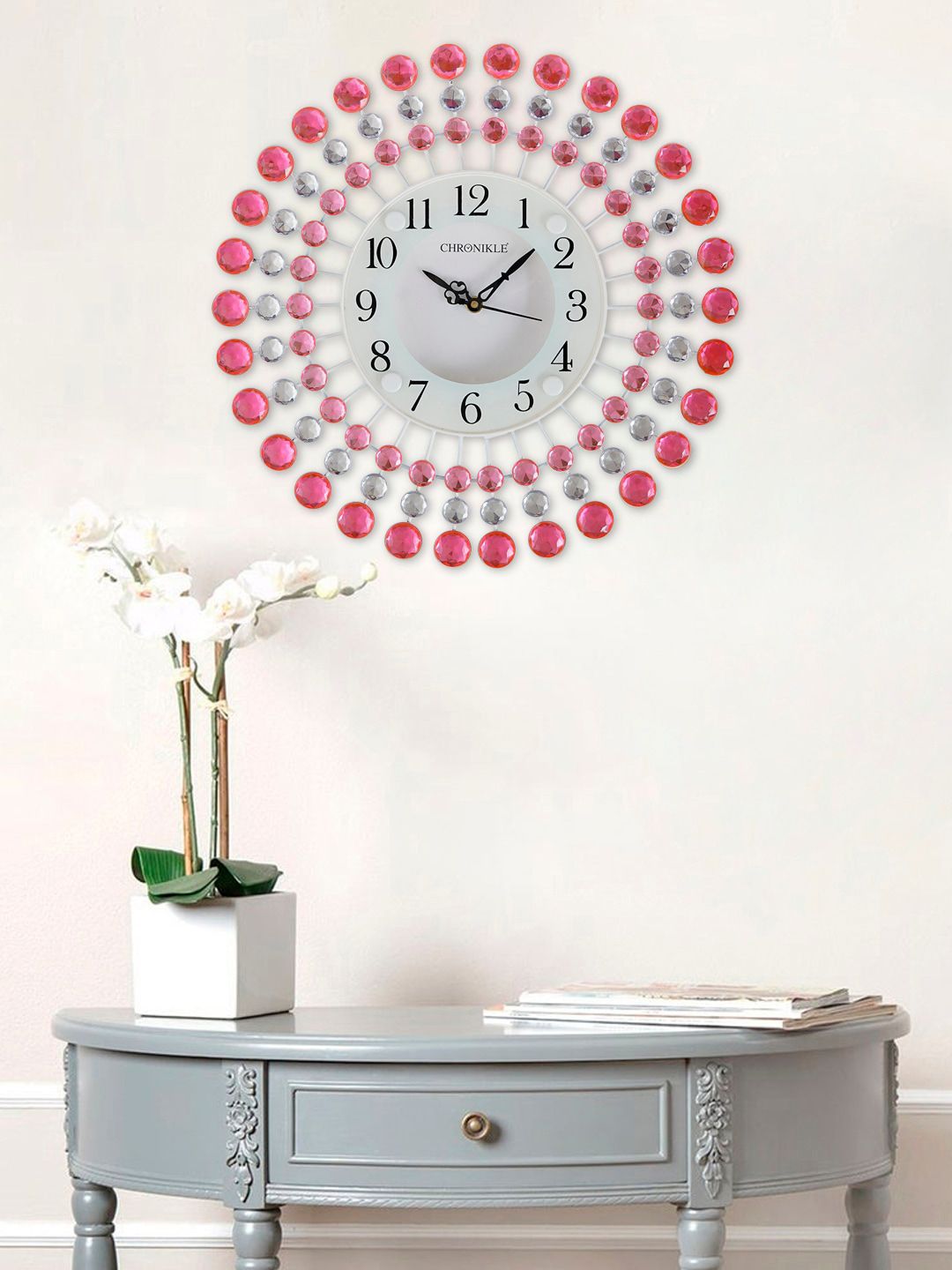 eCraftIndia Pink & Black Embellished Contemporary Wall Clock Price in India