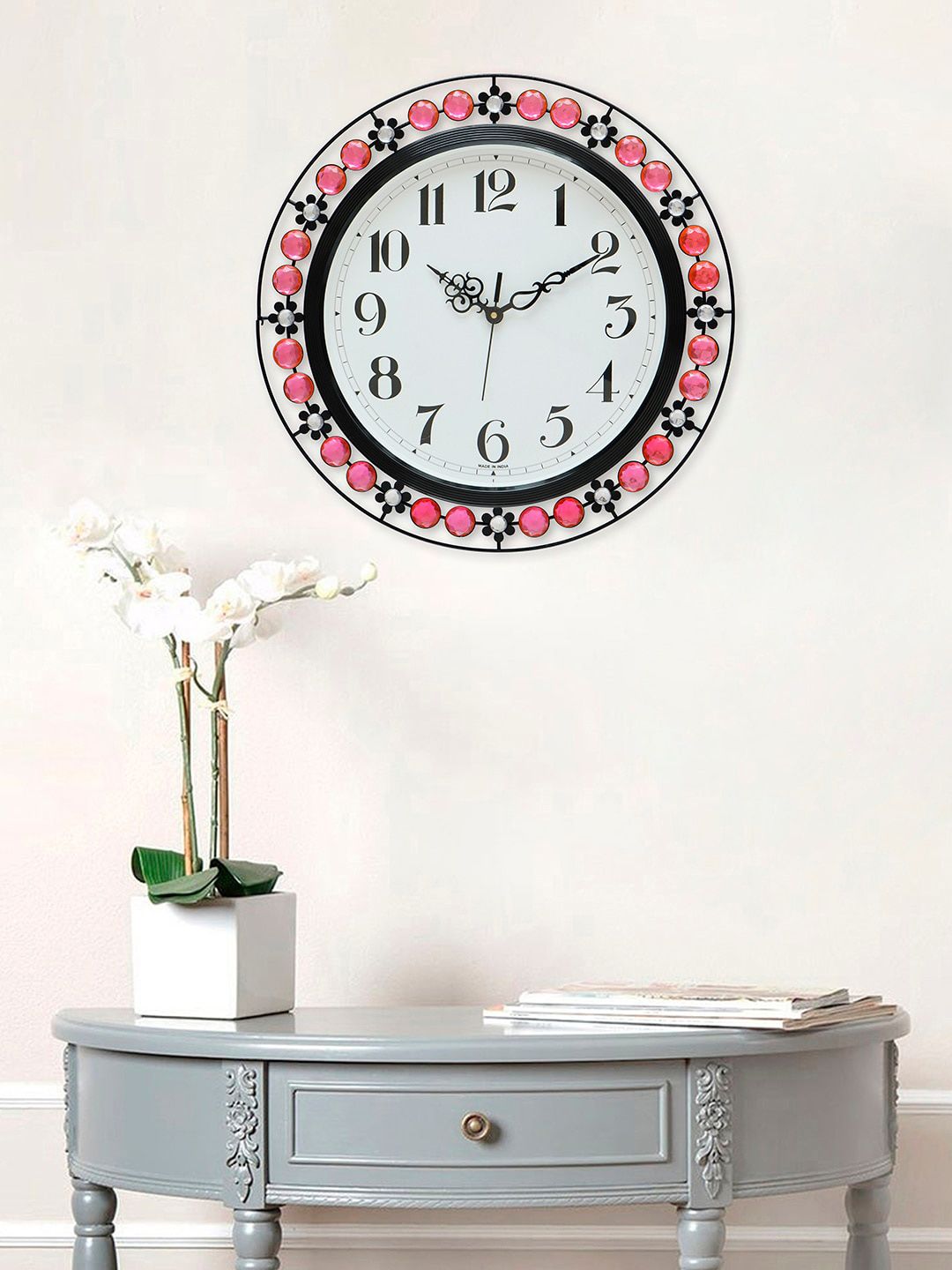 eCraftIndia Black & Pink Embellished Contemporary Wall Clock Price in India