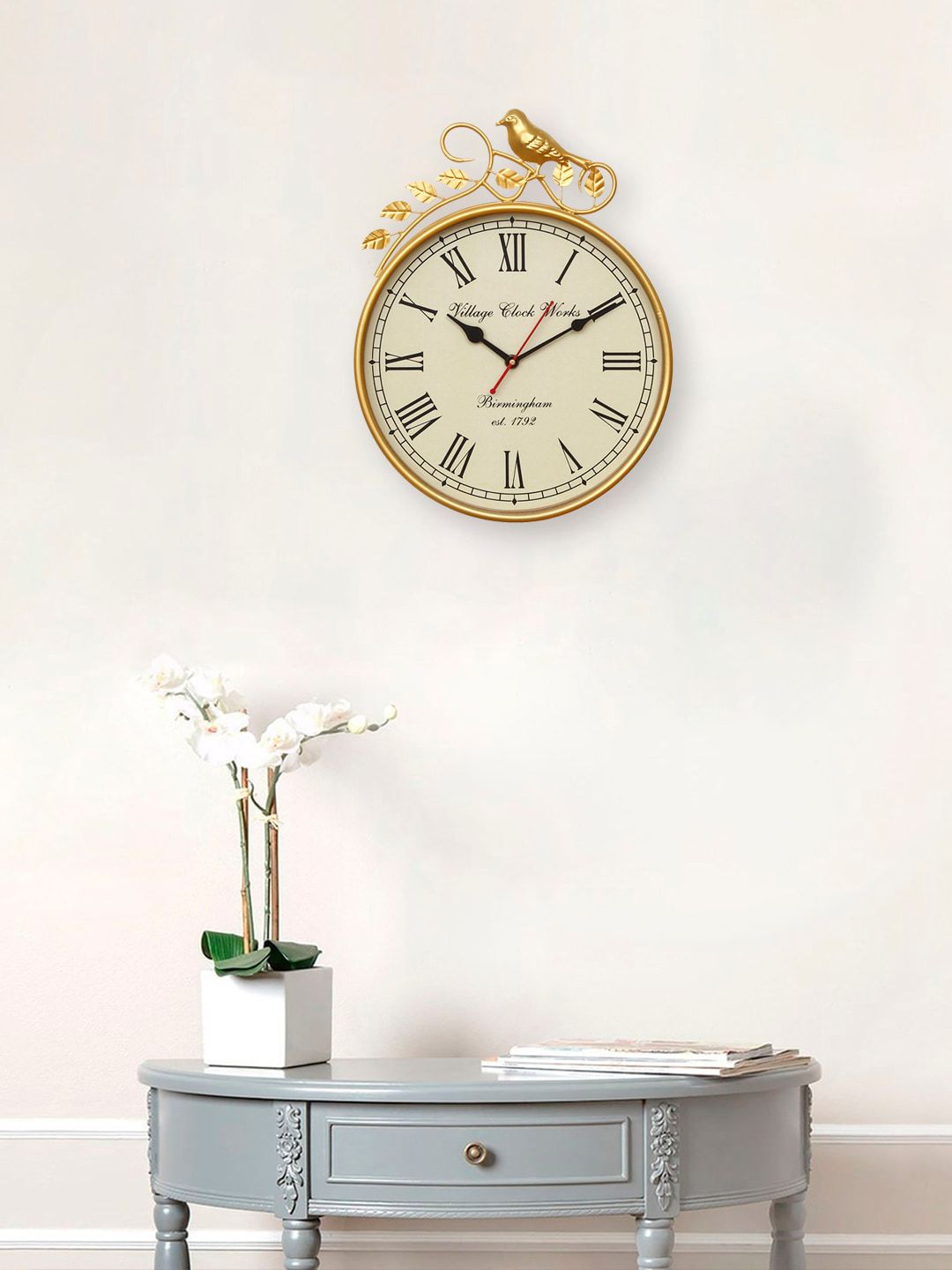 eCraftIndia Gold-Toned & Beige Vintage Wall Clock Price in India