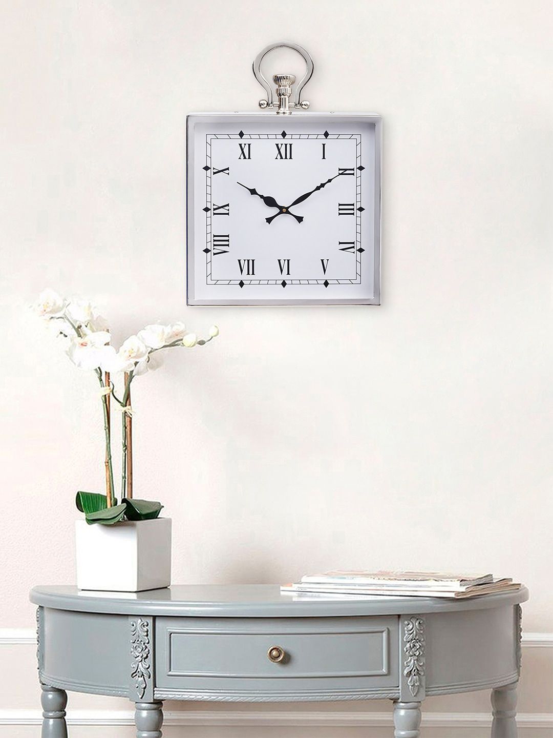 eCraftIndia Silver-Toned & White Contemporary Wall Clock Price in India