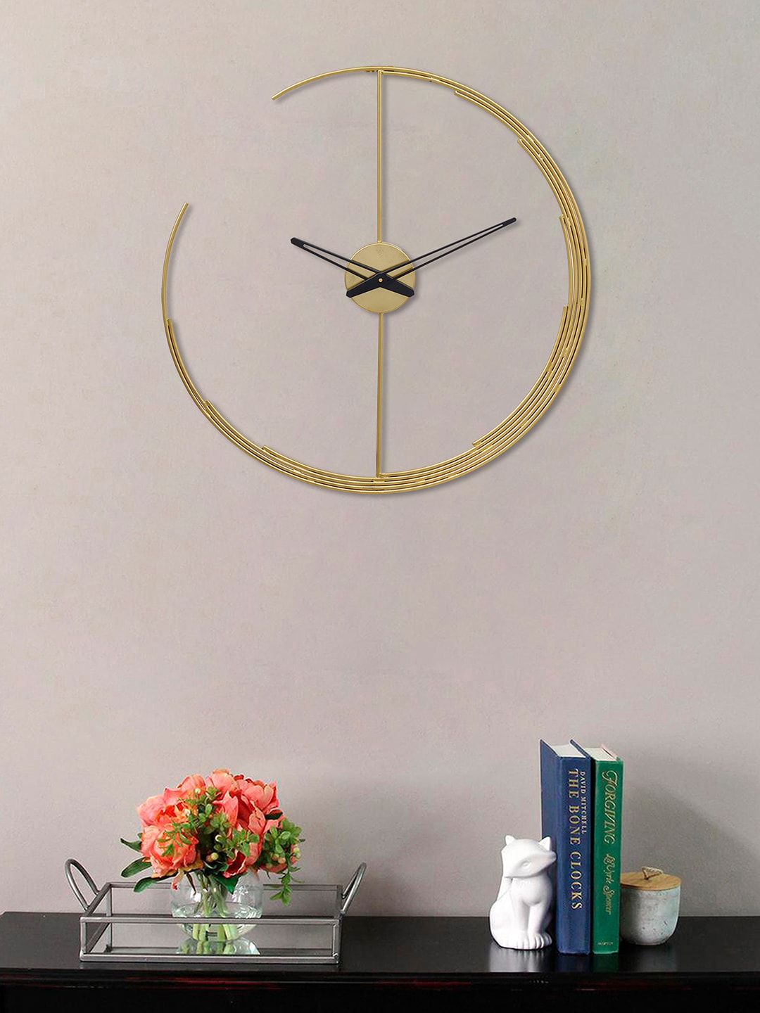 eCraftIndia Gold-Toned & Black Designer Iron Wall Mounted Wall Clock without Glass Price in India