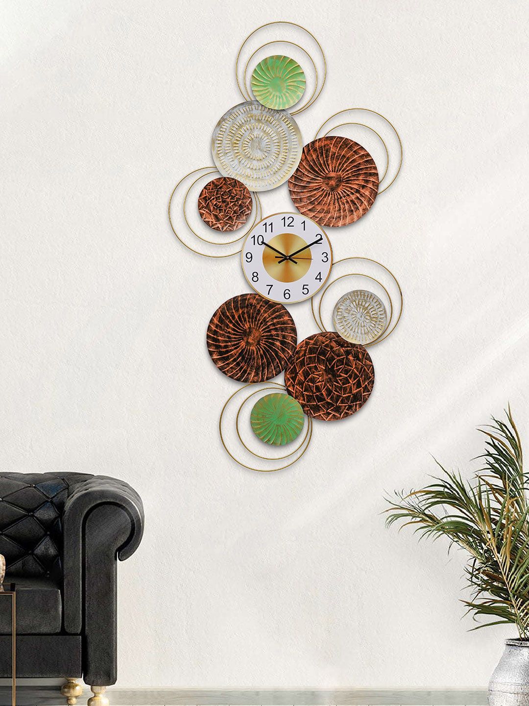 eCraftIndia Brown & Green Embellished Contemporary Wall Clock Price in India