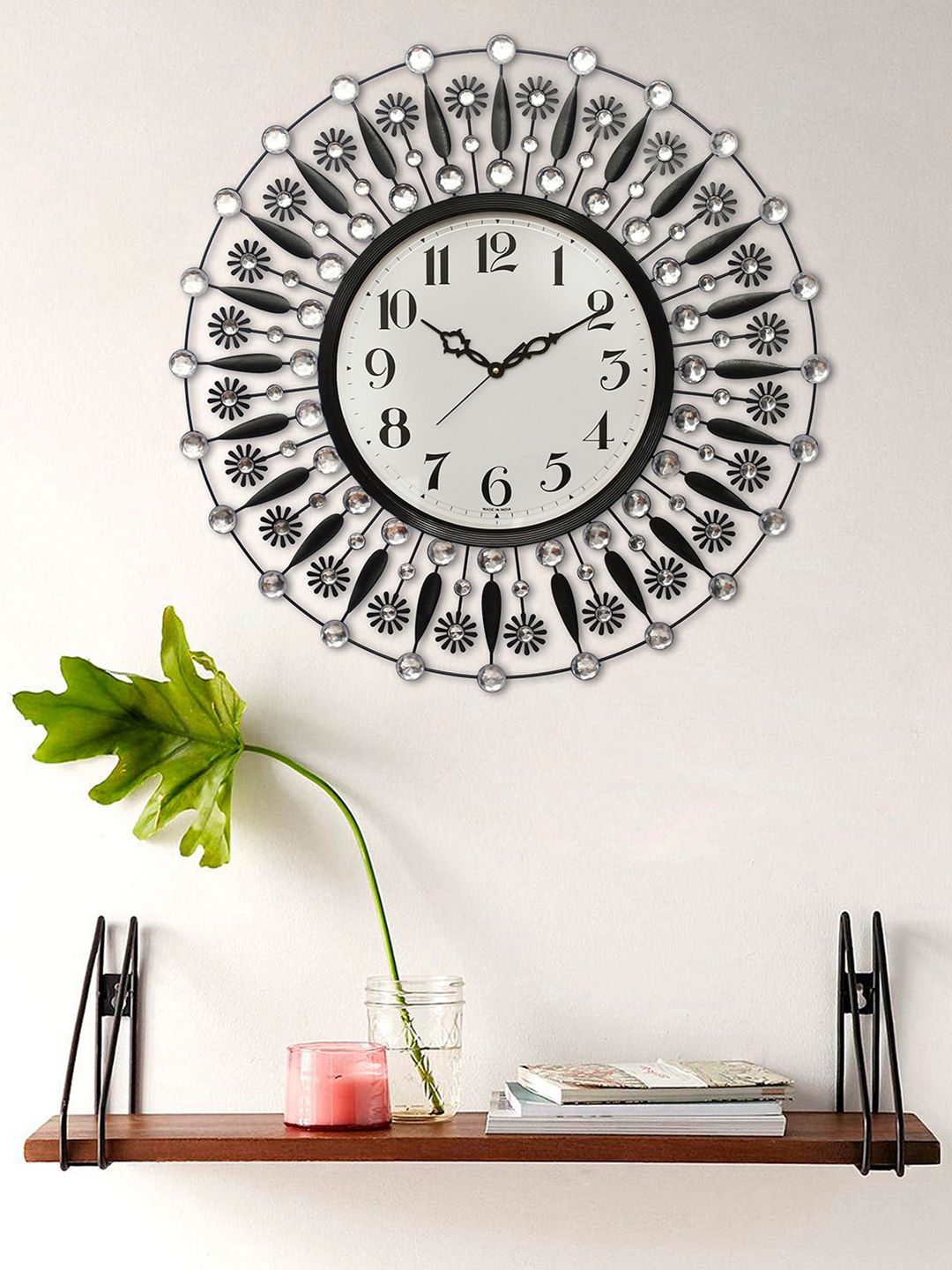 eCraftIndia Black & White Embellished Silver Diamond Wall Clock for Dcor Price in India