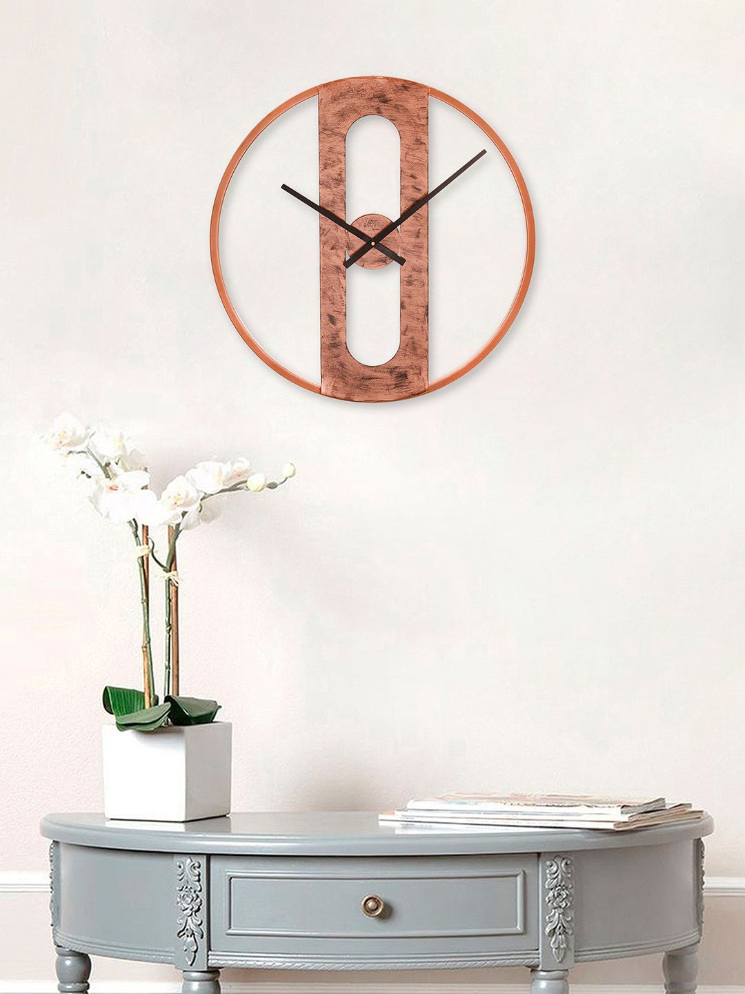 eCraftIndia Copper-Toned & Black Iron Round Designer Wall Clock without Glass Price in India