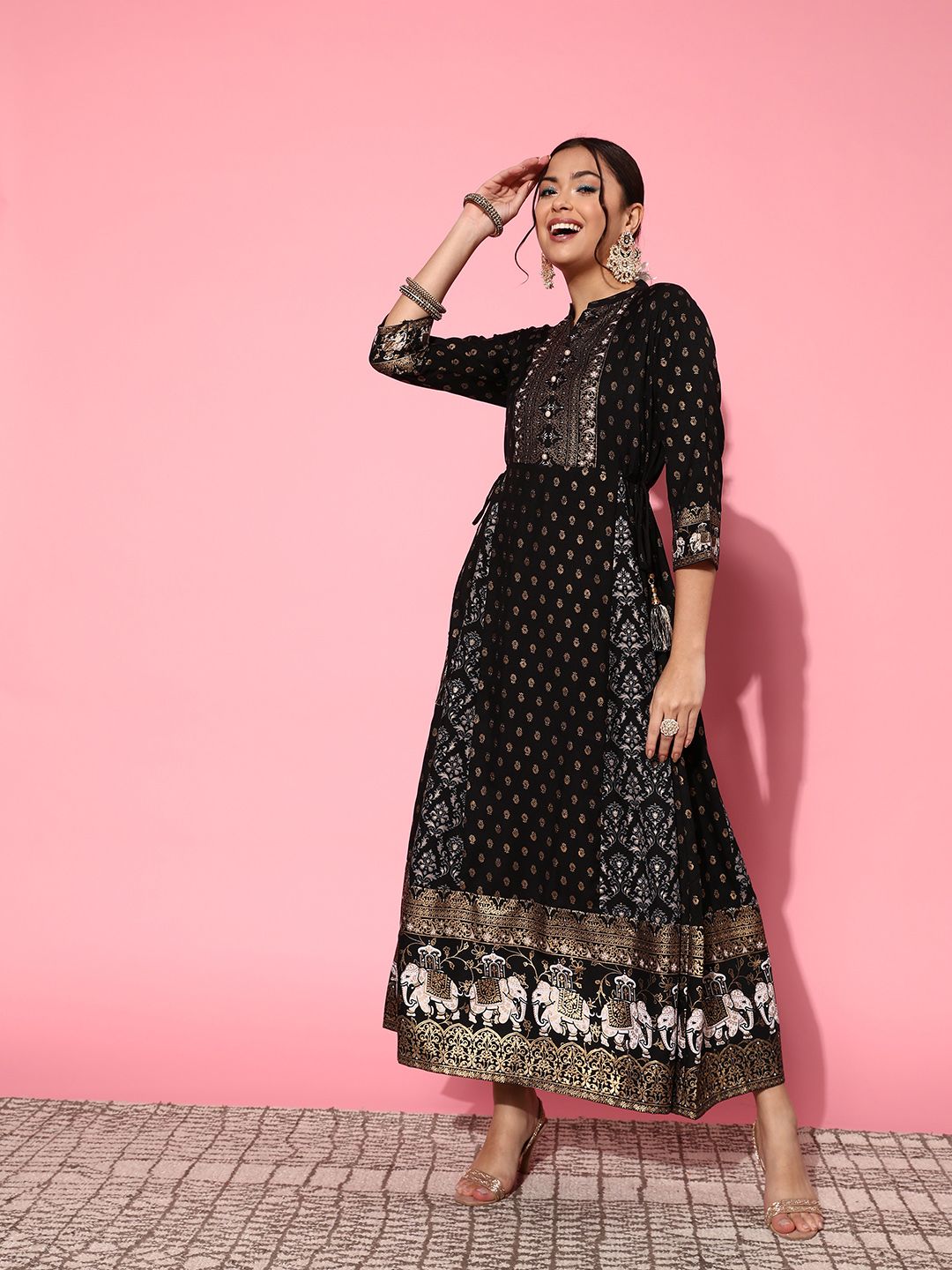 Juniper Women Classy Black Viscose Rayon Fluid Tie-Up Ethnic Dress Price in India