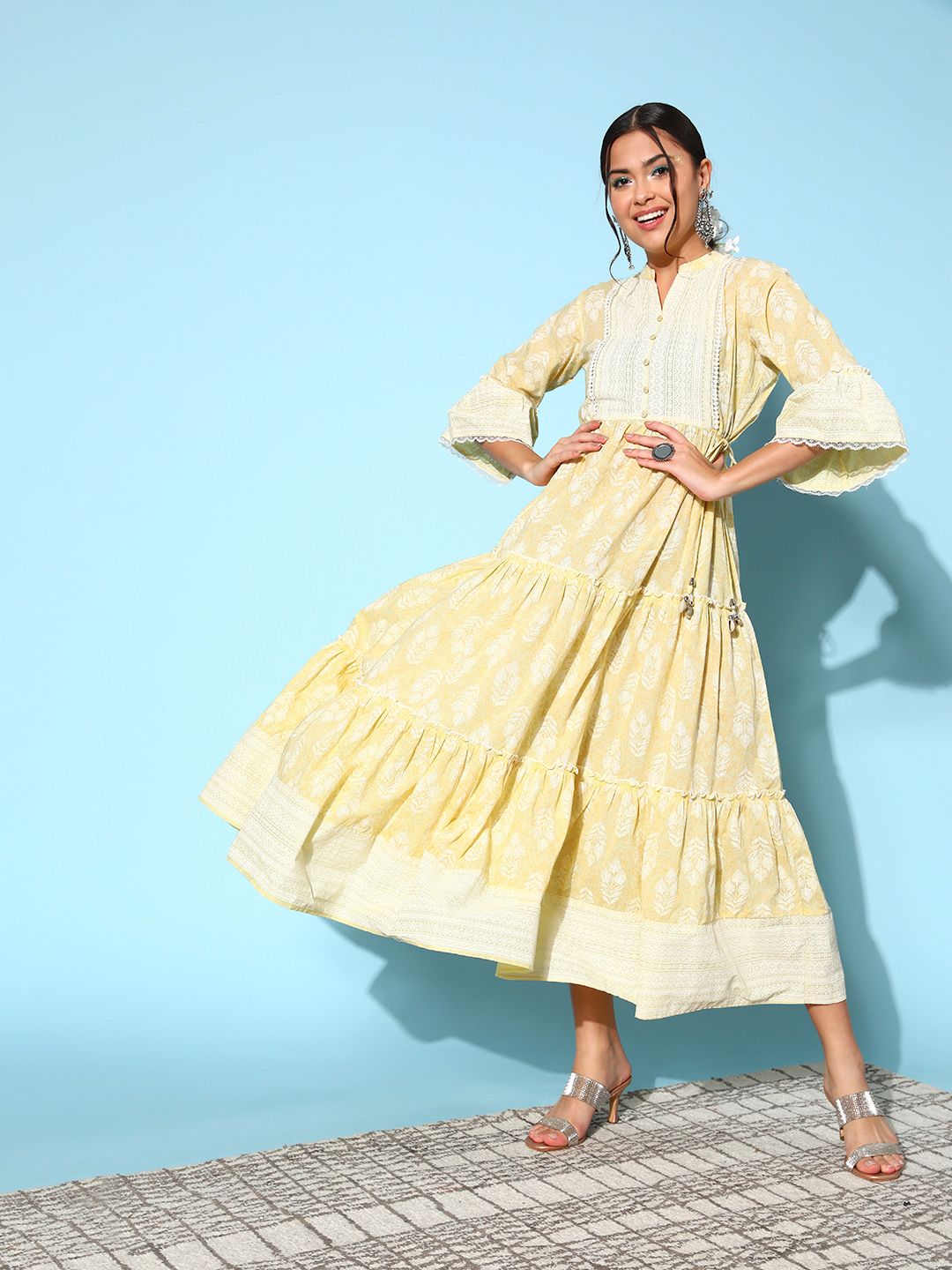 Juniper Women Yellow Cotton Fluid Tie-Up Ethnic Dress Price in India