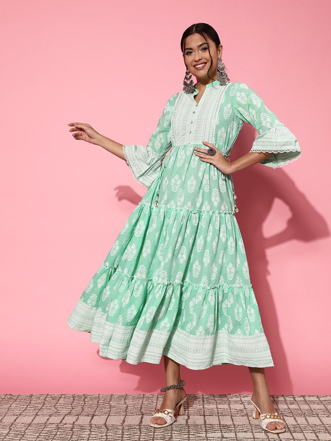 Juniper Women Green Cotton Adjustable Waistline Ethnic Dress Price in India