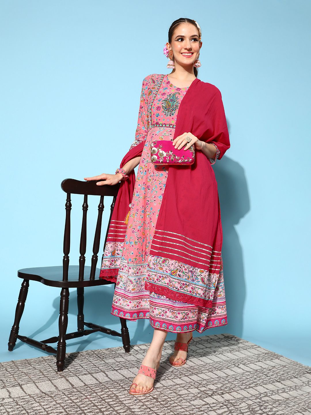 Juniper Women Pink Cotton Adjustable Waistline Ethnic Dress Price in India