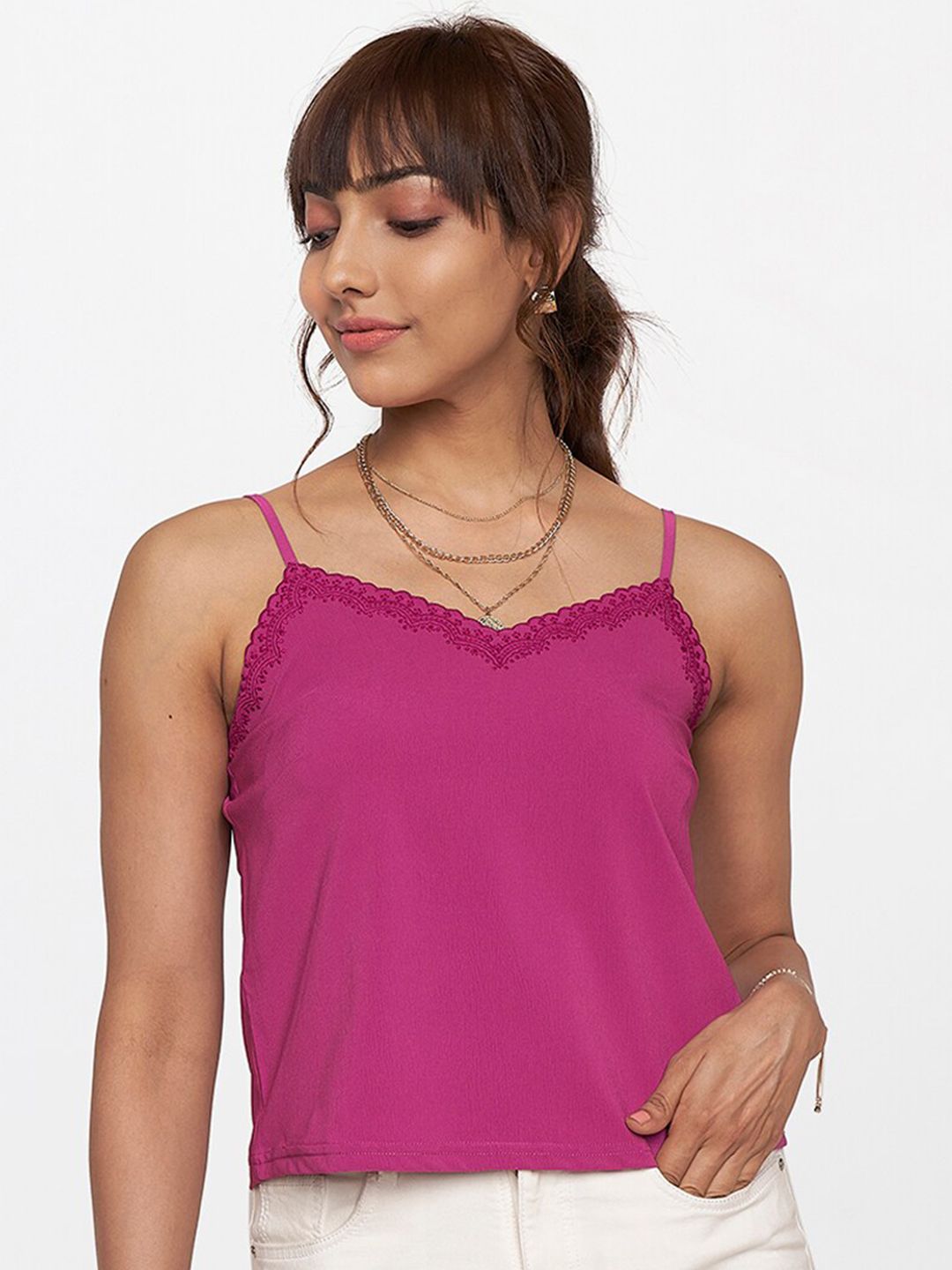 AND Women Pink Solid Tank Top Price in India