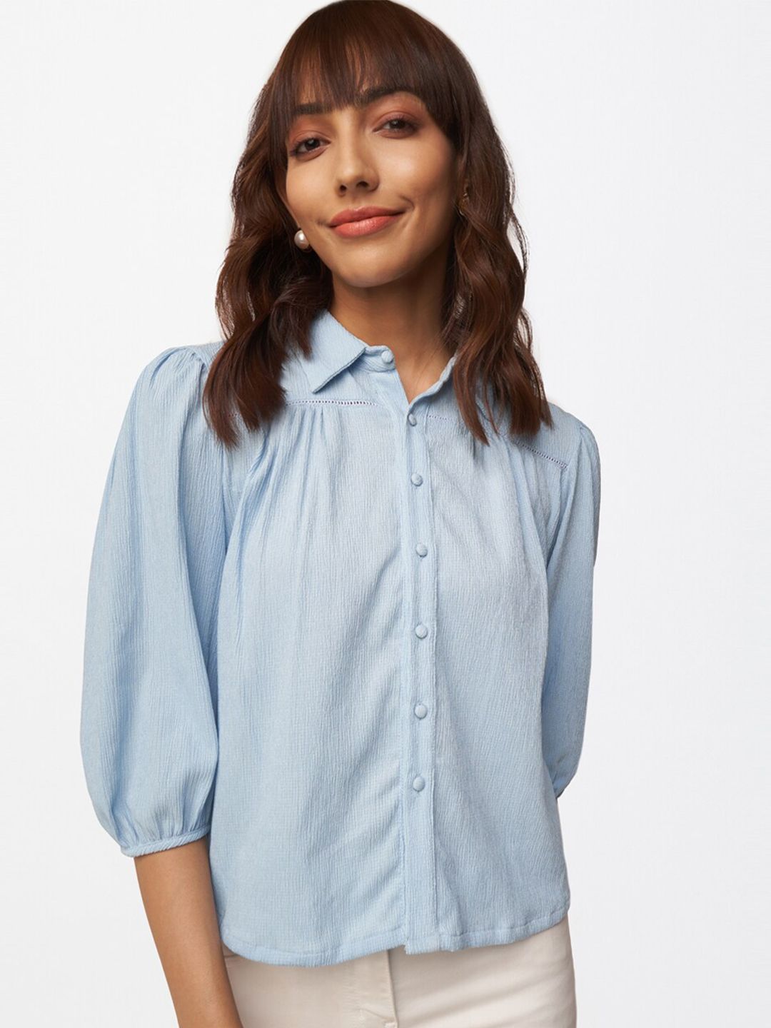 AND Blue Solid Shirt Style Top Price in India