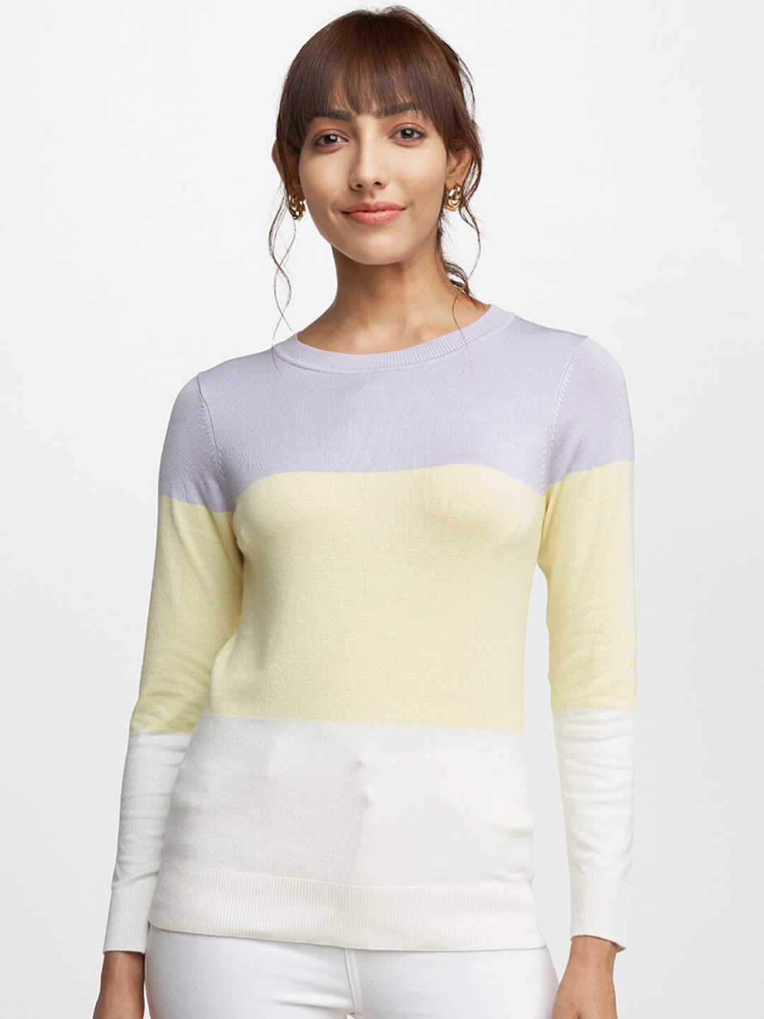 AND Lavender & Yellow Colourblocked Top Price in India