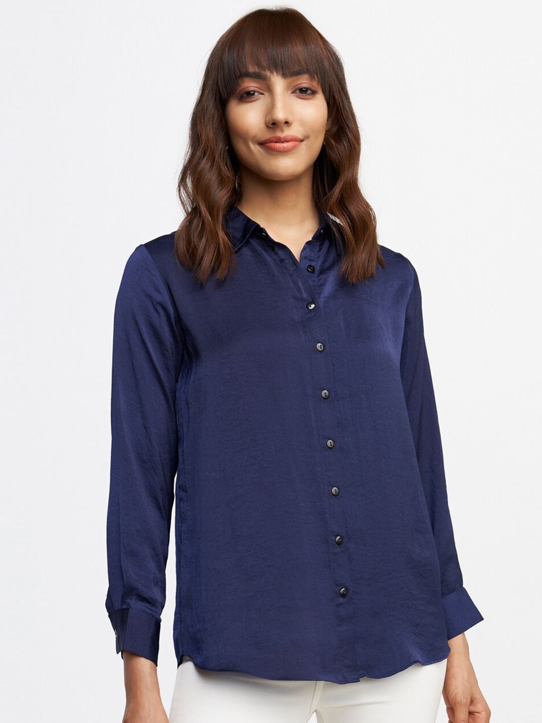 AND Navy Blue Solid Shirt Style Top Price in India