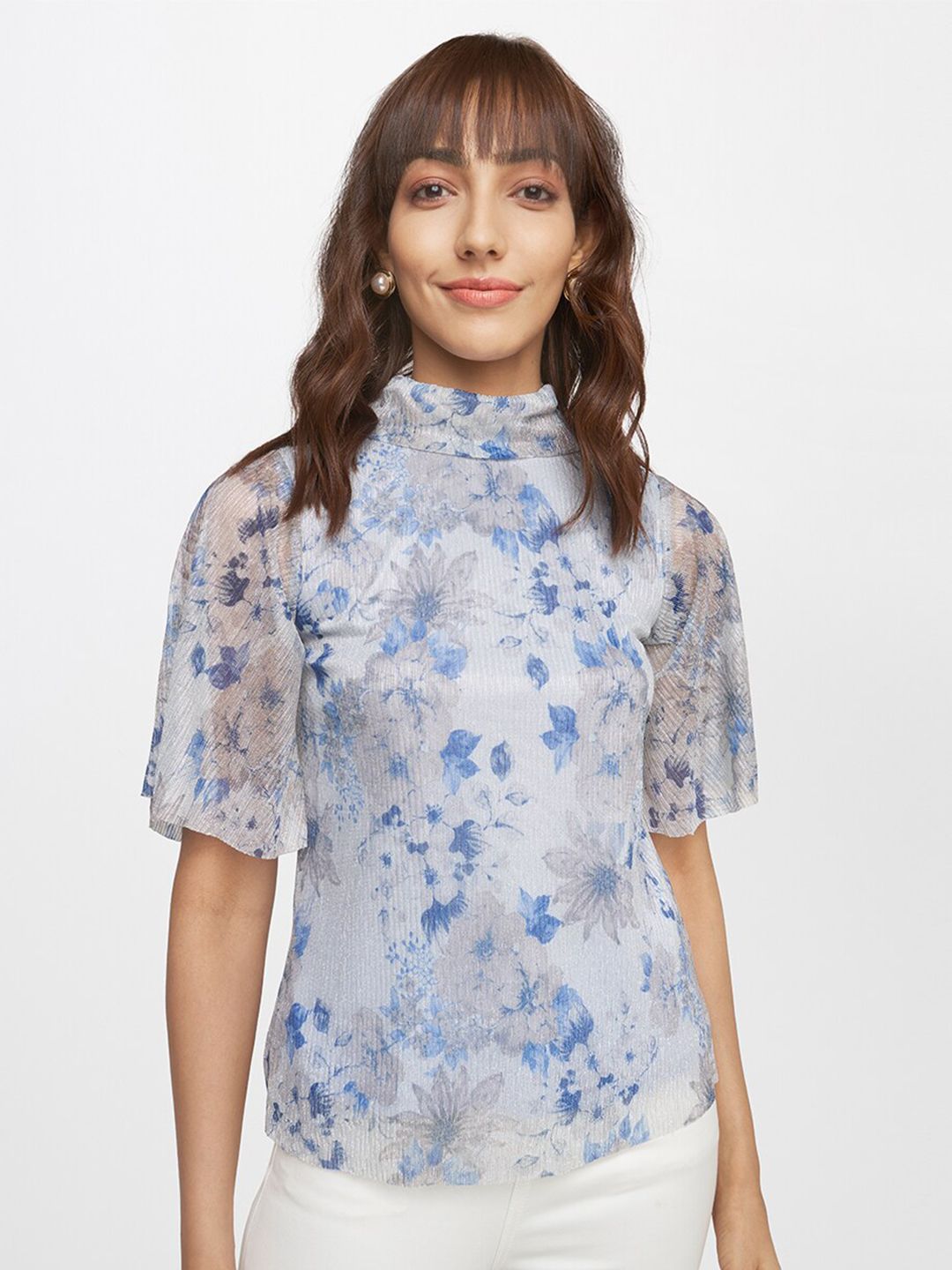 AND Women Blue Floral Printed Top Price in India