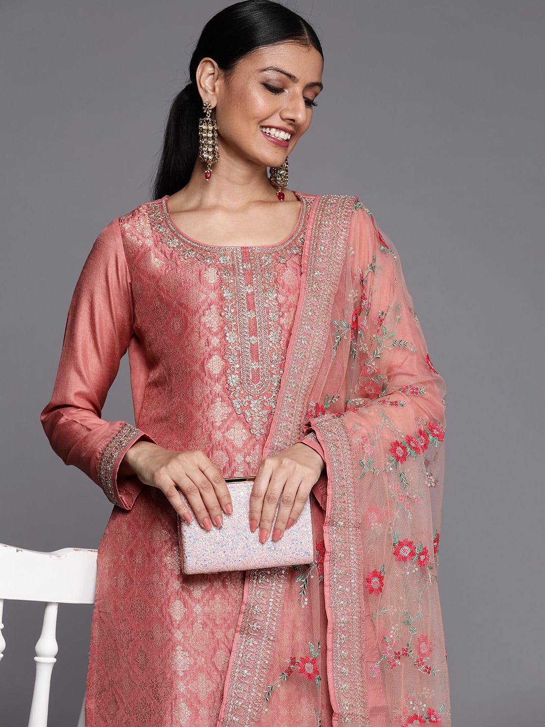 Libas Women Peach-Coloured Floral Kurta with Trousers & Dupatta Price in India